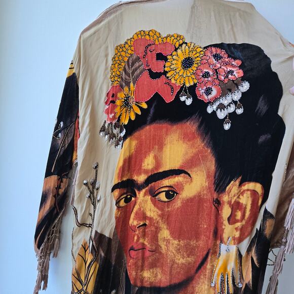 Frida Kahlo Vintage Silk Velvet Beaded Long Duster Kimono Cinco de Mayo One Size - Picture 8 of 16